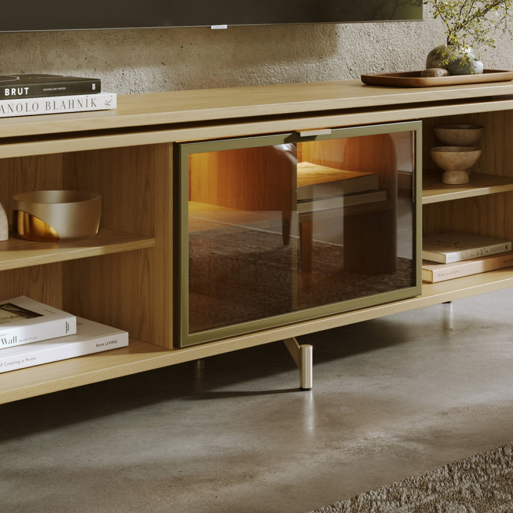 Estante para TV até 75 Polegadas com Prateleiras e Cristaleira Vidro Reflecta 100% MDF com Led Lincoln Float 254cm